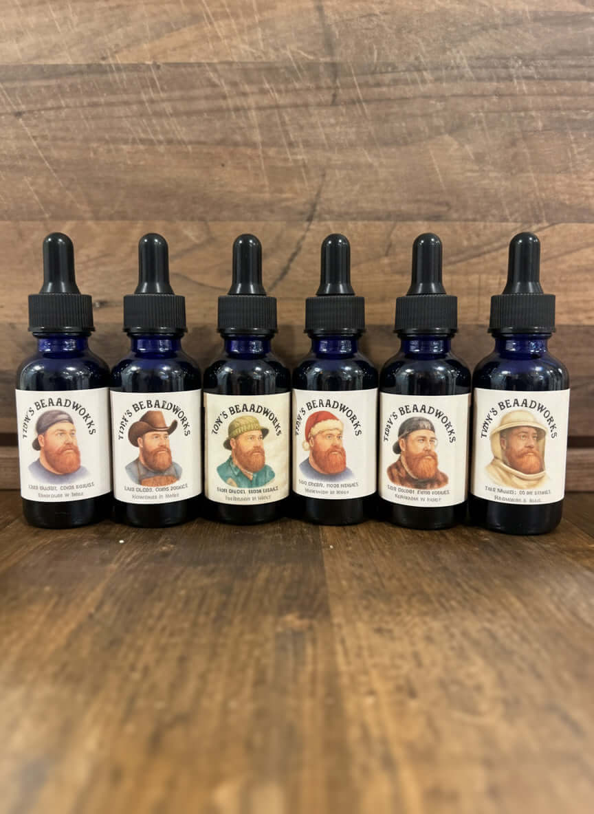 The Founder Collection Bundle "Premium Beard Oil - 6 1oz bottles" featuring Tink's BeardWorks products for male grooming.