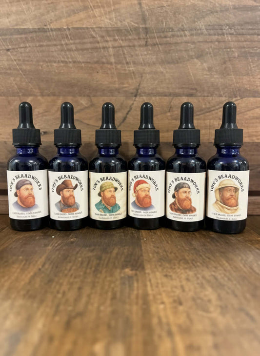 The Founder Collection Bundle "Premium Beard Oil - 6 1oz bottles" featuring Tink's BeardWorks products for male grooming.