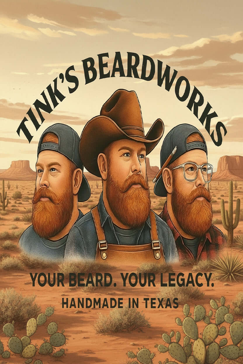 Tink's Beardworks logo showcasing three bearded men in a Texas landscape, emphasizing handmade grooming products.