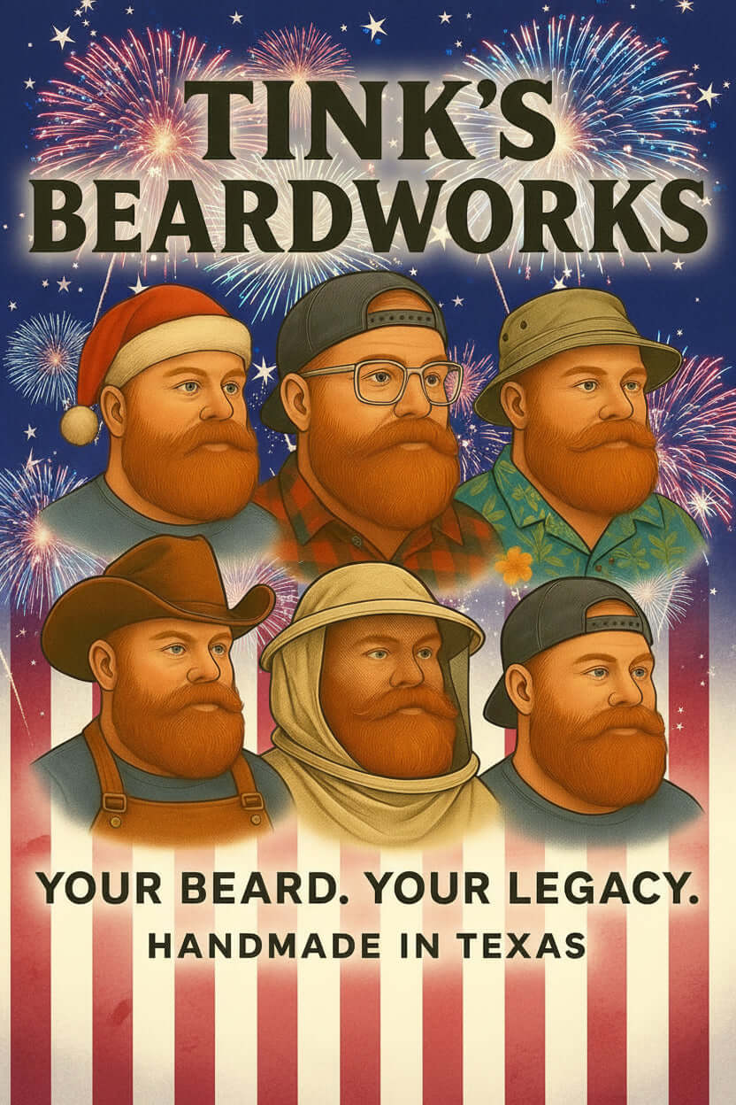 The Founder Collection Bundle "Premium Beard Oil - 6 1oz bottles" by Tink's BeardWorks with diverse bearded characters.