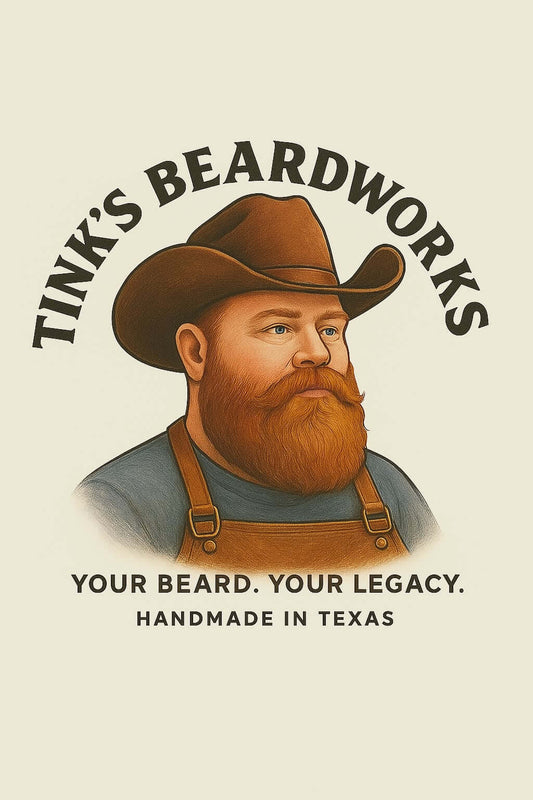 Tink's Beardworks logo featuring a rugged man with a red beard, promoting quality beard care in Texas.