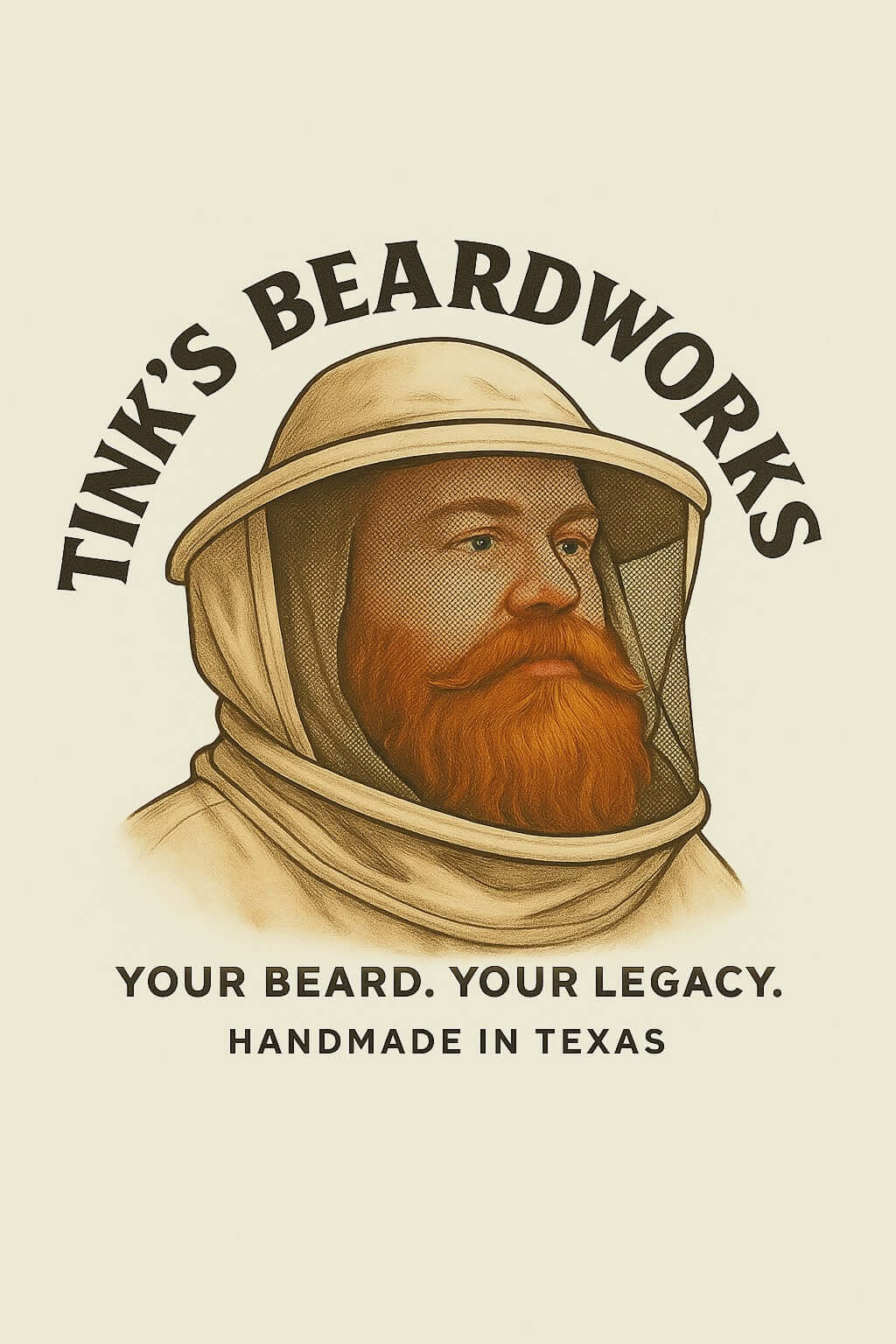 Tink's Beardworks logo featuring a man with a red beard in a beekeeping suit, promoting handcrafted beard care.