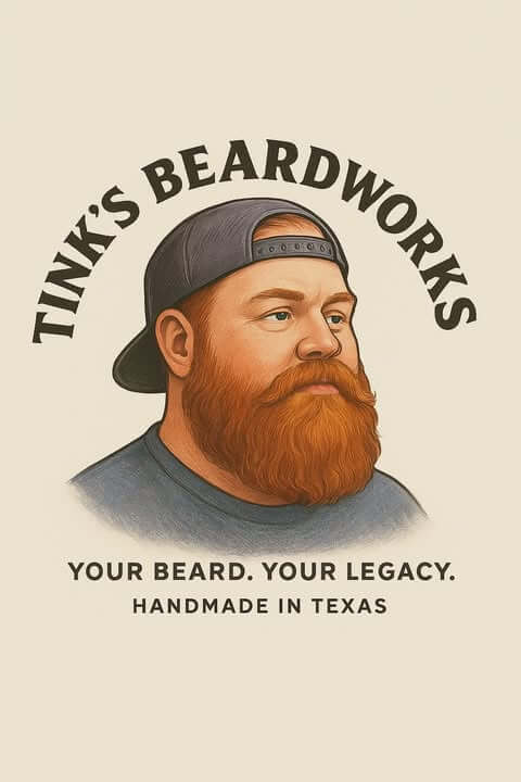 Tink's Beadworks logo featuring a man with a big red beard, emphasizing male grooming and handmade quality in Texas.