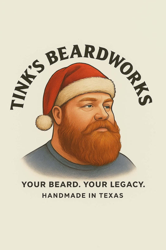 Tink's Beardworks logo featuring a man with a big beard in a Santa hat, promoting male grooming and handcrafted products.